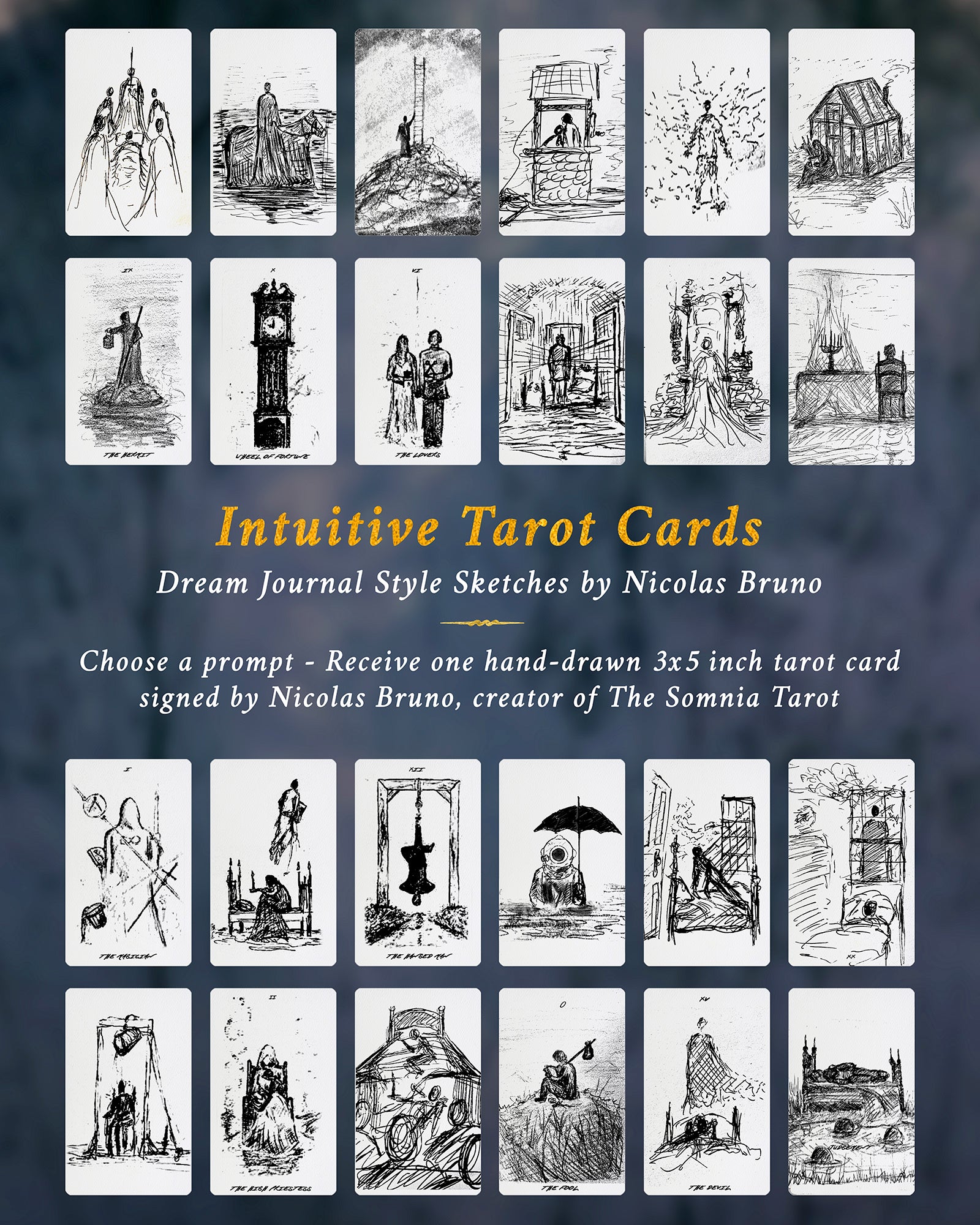 The Somnia Tarot - Intuitive Tarot Cards - Custom Sketched Cards